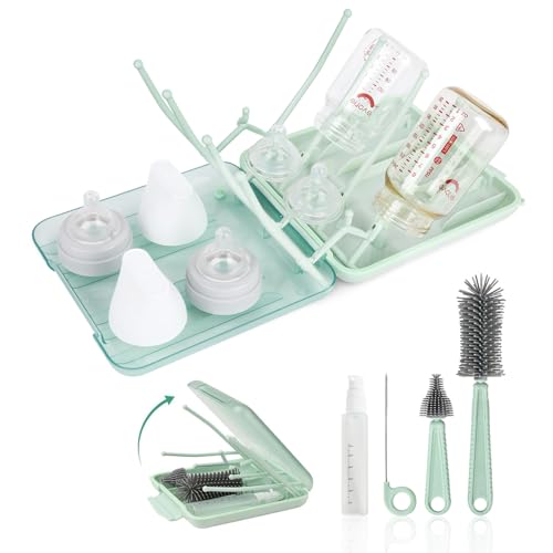 Baby Bottle Brush Set, 6-in-1 Travel Bottle Cleaner Kit with Silicone Bottle Brush, Nipple & Straw Brush, Soap Dispenser, Drying Rack, Storage Box – Compact Baby Travel Essential for Home & On-The-Go - color: Green