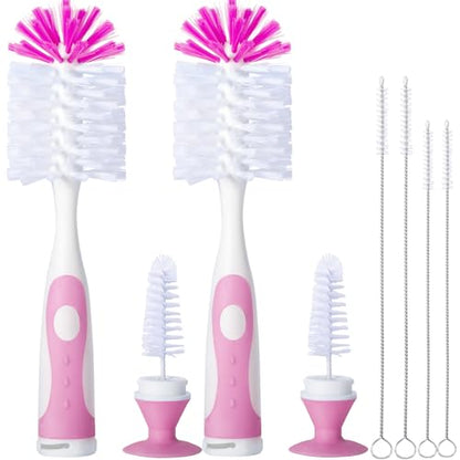 CAREBABYMORE 2 Pack Baby Bottle Brush with 4 Pack Straw Brushes, 10.2" Nylon Brushe with Nipple Cleaner and Stand Suction Cup, Pink - color: Pink