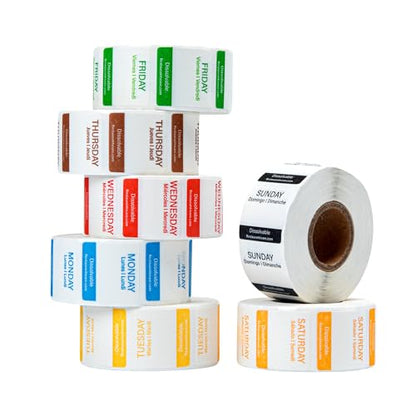 Restaurantware RW Smart 1 Inch x 1 Inch Food Rotation Labels 3500 Dissolvable Food Safety Labels - Premium Trilingual Paper Day Of The Week Labels For Food Storage Or Prep Weekly - style: 7-Day