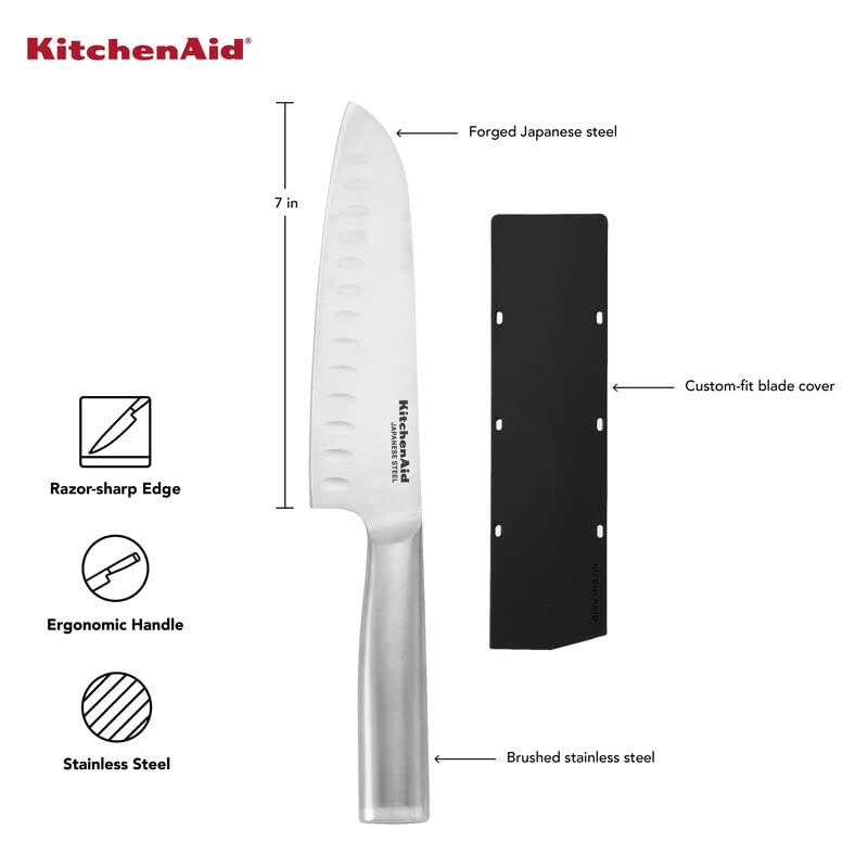 KitchenAid Gourmet Forged Stainless Steel Santoku Knife with Blade Cover, Sharp Kitchen Knife, High-Carbon Japanese Stainless Steel, 7 Inch, Brushed Stainless Steel - style: 7-Inch Santoku Knife