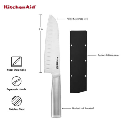 KitchenAid Gourmet Forged Stainless Steel Santoku Knife with Blade Cover, Sharp Kitchen Knife, High-Carbon Japanese Stainless Steel, 7 Inch, Brushed Stainless Steel - style: 7-Inch Santoku Knife