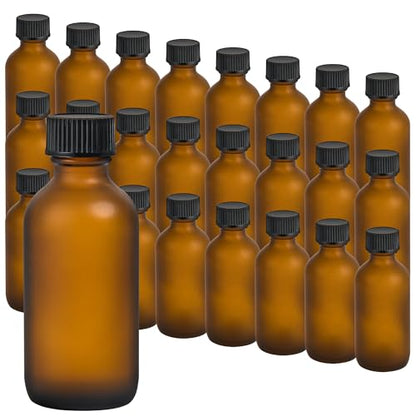 Small Glass Bottles with Lids Boston Round Shot Bottles for Health, Immunity, Ginger Juice, Essential Oils, Potion - Leak Proof Mini Travel Containers (Amber Frosted, 2oz-24Pack) - color: Amber Frosted, size: 2oz-24Pack