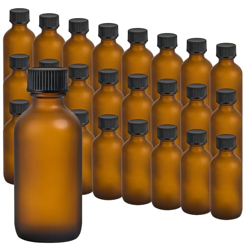 Small Glass Bottles with Lids Boston Round Shot Bottles for Health, Immunity, Ginger Juice, Essential Oils, Potion - Leak Proof Mini Travel Containers (Amber Frosted, 2oz-24Pack) - color: Amber Frosted, size: 2oz-24Pack