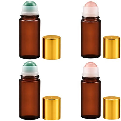 Joyibay 4 Pcs 1.7 oz Amber Glass Roller Bottles, Essential Oil Roll-on Bottle with Natural Stone Ball, Portable Container for Perfume, Aromatherapy, DIY Blends