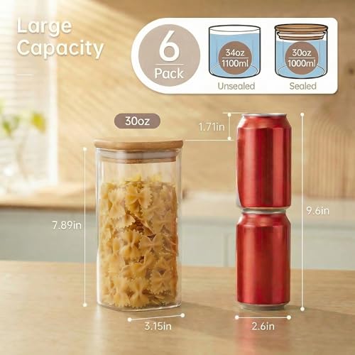 HomArtist Square Glass Jars with Bamboo Lids 30 FL OZ [Set of 6], Glass Canisters with Airtight Lid, Glass Food Storage Container for Pasta, Flour, Sugar, Rice, Best for Kitchen & Pantry - color: Square 30OZ Set-6Pack