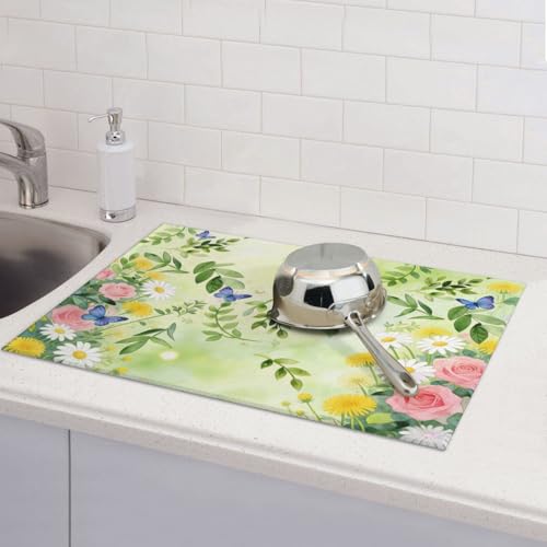 Kitchen Drying Mat for Countertop Fresh Botanical Floral Butterfly Garden Non-Slip Kitchen Counter Mat for Dishes Glassware - color: Light Green