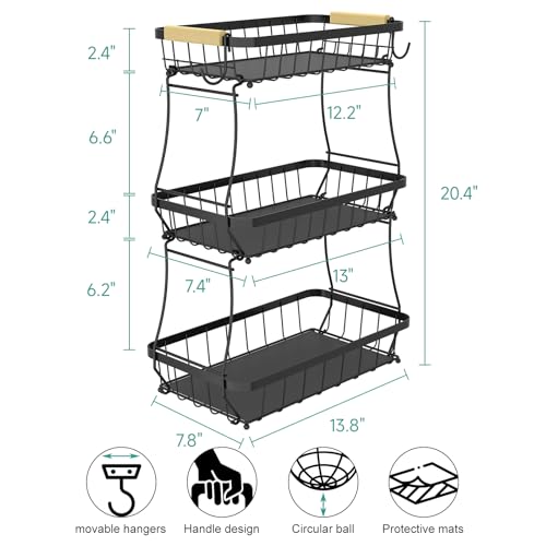 Sevenblue 3-Tier Fruit Basket with Banana Hangers, Detachable Metal Bowl | Wooden handle, protective mats included. Versatile holder for bread, snacks, and veggies. Large 3 tier metal design. - color: Black, size: 3 Tier