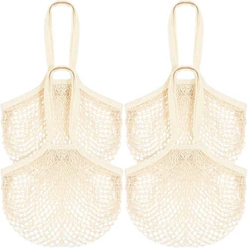 Paterr 4 Pack Cotton Mesh Produce Bags Bulk Reusable Market Bag Washable Net Grocery Purse String Shopping Tote Beach Organizer for Vegetable Fruit Picnic Food Storage (Long Handle,Beige) - size: Long Handle