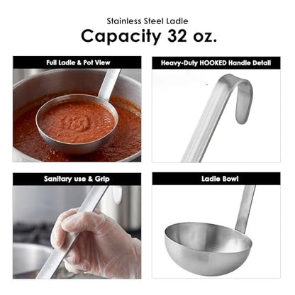 Stainless Steel Ladle, 32 oz – Heavy-Duty 2-Piece Construction, Long Handle, Hooked Design for Easy Storage – Perfect for Soup, Stew, Chili, Sauce, and Commercial Kitchens (1, 32 Oz) - size: 32 Oz