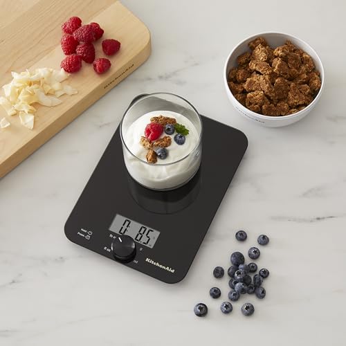 KitchenAid KQ914BA Digital Glass Top Kitchen and Food Scale, 11 lb Capacity, Measures Liquid & Dry Ingredients, Rotating Knob, Precise Results for Baking, Cooking, Keto and Meal Prep, Tare, Black - color: Black