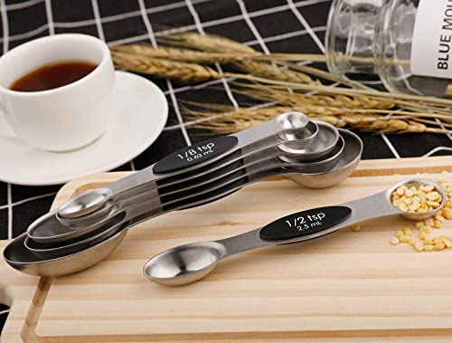 Magnetic Measuring Spoons Set of 6 Stainless Steel Dual Sided Stackable Teaspoon for Measuring Dry and Liquid Ingredients - color: Black