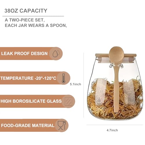 Airtight glass jar storage container with bamboo lid Set of 2, wide mouth, leak-proof, With a spoon, can be used for coffee beans, tea leaves, grains, dried fruits, etc (Large*2PCS) - color: Large*2PCS