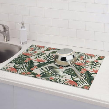 Tropical Green Palms Leaf Dish Drying Mat Pink Flower Hawaii Watercolor Floral Drying Rack Pad Countertop Dishes Ultra Absorbent Microfiber Kitchen Counter Mat 18x24 Inch - color: Green