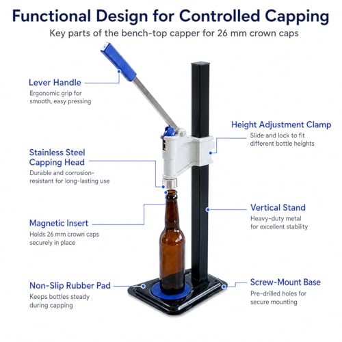 TsoLay Beer Bottle Capping Machine, Adjustable Bench Bottle Capper with Non-Slip Base, Convenient Push-Type Adjustment, Quick and Accurate Capping for Kitchen, Wineries and Bar Counters