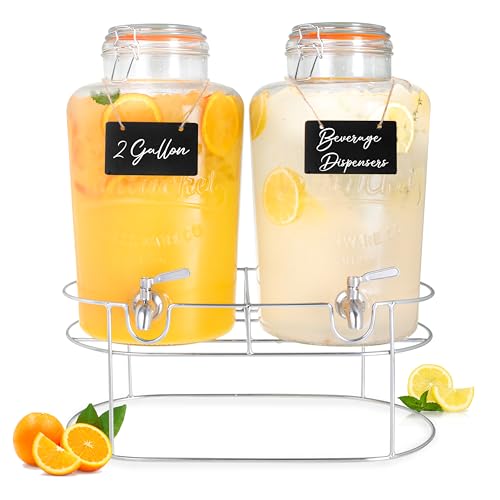 Ilyapa 2 pack 2 Gallon Glass Beverage Dispenser with Stand- Wide Mouth Mason Jar Drink Dispensers with Spigot - Leak Proof Glass Flip Top Lid - size: 2 Gallon Double Flip Top Dispenser