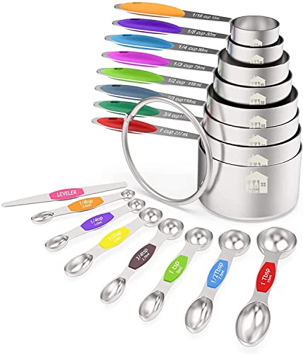 Wildone Measuring Cups and Magnetic Measuring Spoons Set, 16Pcs | 8 Stainless Measuring Cups, 7 Double-sided Magnetic Measuring Spoons & leveler for Spice Jar and Liquid Measuring, Multicolor - color: Multicolor