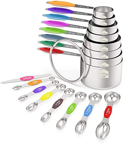 Wildone Measuring Cups and Magnetic Measuring Spoons Set, 16Pcs | 8 Stainless Measuring Cups, 7 Double-sided Magnetic Measuring Spoons & leveler for Spice Jar and Liquid Measuring, Multicolor - color: Multicolor