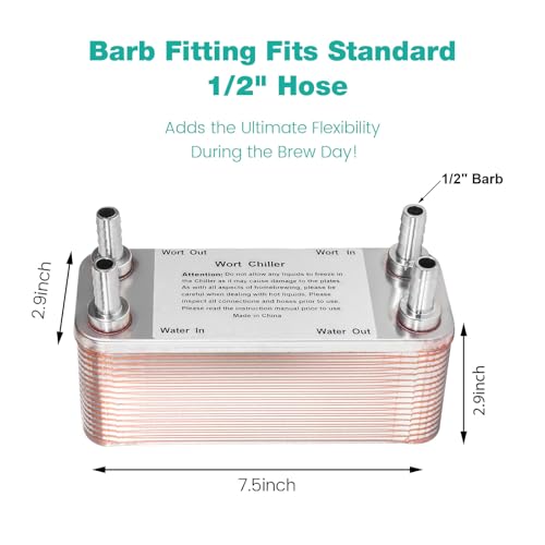 Wort Chiller 30 Plates, 1/2 Barb Fitting Connection, Brazed Plate Copper Heat Exchanger for Homebrew, Stainless Steel 7.5" x 2.9" Plate, Hot Liquid Accelerated Cooler Quick Beer Cooling System