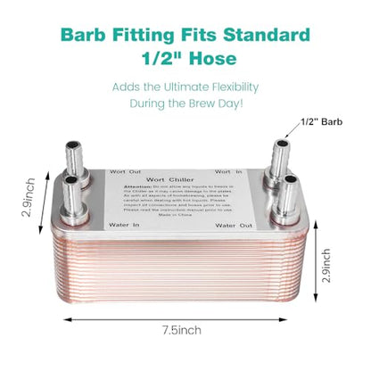 Wort Chiller 30 Plates, 1/2 Barb Fitting Connection, Brazed Plate Copper Heat Exchanger for Homebrew, Stainless Steel 7.5" x 2.9" Plate, Hot Liquid Accelerated Cooler Quick Beer Cooling System
