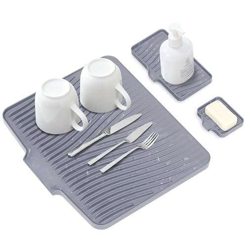 Silicone Dish Drying Mat for Kitchen counter, 15.8"x13" Extra Large Non-Slip Drain Pad with Built-in Drainage, Heat Resistant Dishwasher Safe, Grey - color: Grey-Set, size: 15.8" x 13"