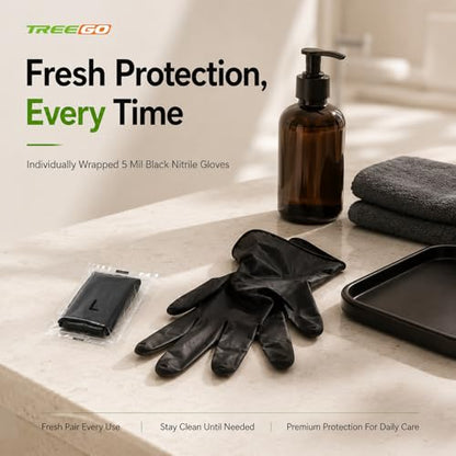 TREEGO Black Individually Wrapped Nitrile Gloves Bundle, Large, 110 Pairs Total, Disposable 5 Mil Latex Free Powder Free Gloves for Cleaning, Auto Detailing, Food Prep, Maintenance & Everyday Use