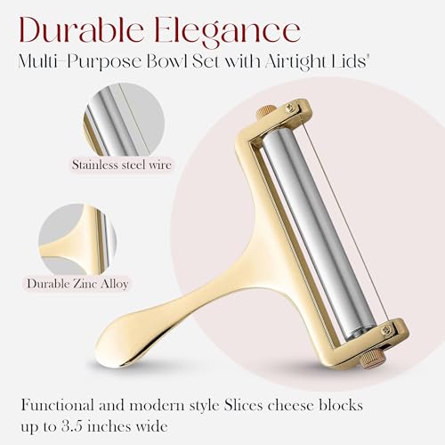 Bellemain Stainless Steel Wire Cheese Slicer - Adjustable Cheese Cutter for Cheddar, Gruyere, Raclette, Mozzarella Cheese Block, Gold - color: Gold