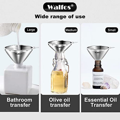 WALFOS Mini Stainless Steel Funnels, Multi-use Small Kitchen Funnel Set, for Transferring Liquid, Fluid, Essential Oils, Powder,Tiny Spices,Long-Lasting and Dishwasher Safe (3 in、2.2 in、1.7in) - color: 3pcs funnel 7.5+5.5+4.5 cm