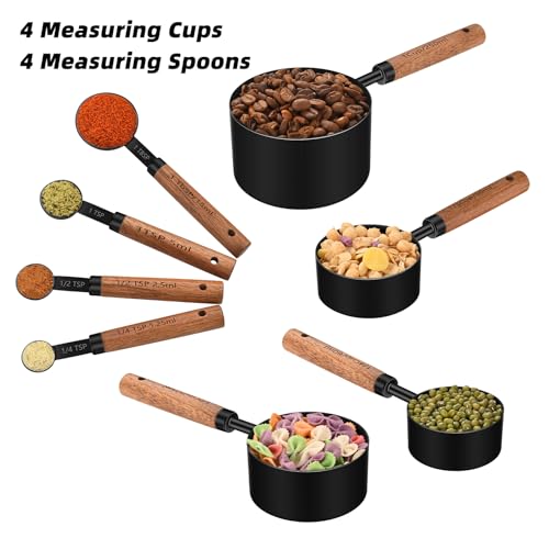 Wooden Handle Measuring Cups & Spoons Set 8-Piece – Stainless Steel, Stackable, Rustic Farmhouse Kitchen Gadgets, Non-Toxic, Dishwasher Safe, Gift for Bakers & New Homeowners - size: Black-wood handle