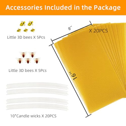 Lacaser Beeswax Sheets for Candle Making Kit, 20 Pcs 8"x16" Pure Bees Wax Made Sheets Equals to 40pcs 8"x8" Beeswax Sheets, Include Bee Ornaments,Cotton Candle Wicks for Bulk Candle Making - color: Natural (8x16)