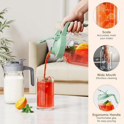 Glass Mason Jar Pitcher, 64 oz Wide Mouth Jug with Pour Spout Handle Lid for Cold Brew Coffee, Ice Beverage, Iced Juice, Lemonade, Sun Tea, Fruit Drinks Container(Green) - color: Green, size: 64 Ounces