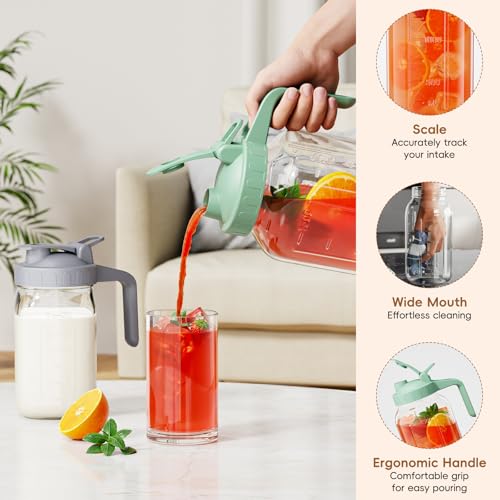 Glass Mason Jar Pitcher, 64 oz Wide Mouth Jug with Pour Spout Handle Lid for Cold Brew Coffee, Ice Beverage, Iced Juice, Lemonade, Sun Tea, Fruit Drinks Container(Purple) - color: Purple, size: 64 Ounces