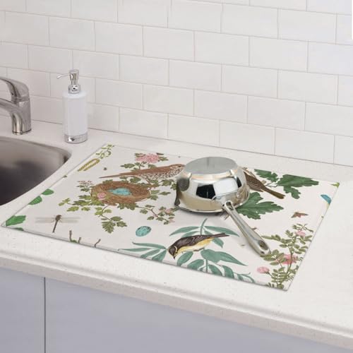 Large Dish Drying Mats For Kitchen Counter Microfiber Kitchen Drying Mat XL Draining Pad Absorbent Quick Drying Dish Mat 18x24 Inch - Garden Birds - color: Garden Birds