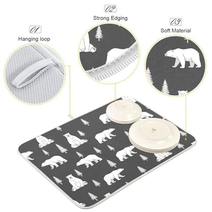 Polar Bears Trees Black Dish Drying Mat for Kitchen Counter Super Absorbent Draining Mat with Non-slip Backed Coffee Mat for Dish Bottles Cups Bowl Draining Racks Countertops Sinks