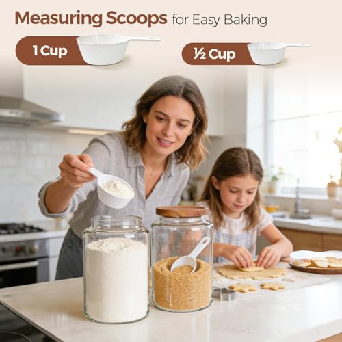 ComSaf 2Pcs (4.2Qt) Wide-Mouth Flour Sugar Storage Containers - Include Scoops & Labels, Easy to Scoop & Airtight, Large Glass Jar for Bakers to Store Bulk Flour, Rice, and Dry Goods in Kitchen Pantry - size: 4.2Qt*2
