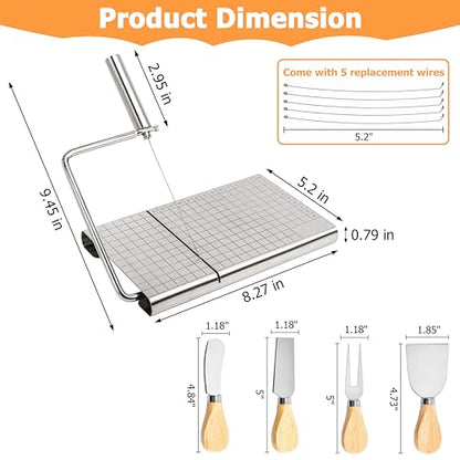 RedCall Cheese Slicer with 4 Piece Cheese Knives Set, Stainless Steel Cheese Cutter with Measuring Grids,Tightness Adjustable Wire Cheese Slicer for Block Cheese, with 5 Extra Wires