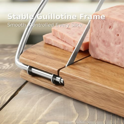Cheese Slicer with Acacia Wood Board and Stainless Blade | Acacia wood base, stainless steel blade, for block cheese, butter, deli meat and charcuterie serving.