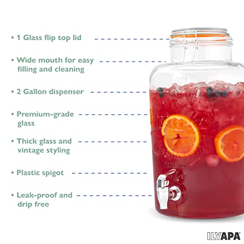 Ilyapa 2 Gallon Glass Beverage Dispenser - Wide Mouth Mason Jar Drink Dispenser - with Glass Flip Top Lid for Parties, Weddings, Lemonade, Cold Water - size: 2 Gallon Flip Top