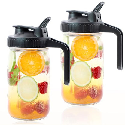 Mason Jar Pitcher With Pour Spout Lid (2 Pack) 32 Oz Wide Mouth Glass Pitcher With Handle And Flip Cap Lid 1 Quart Airtight Leak Proof Water Jugs For Iced Drinks, Iced Coffee, Milk, Lemonade