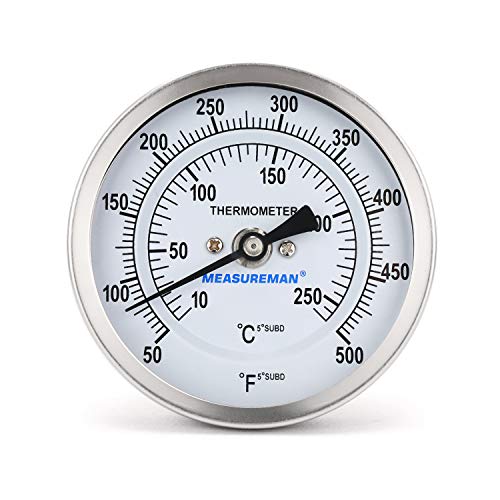 Measureman Fully Stainless Steel Bimetal Dial Thermometer, 3" Dial, 4" Stem, 50-500 deg F/10-260 deg C, -1% Accuracy, Adjustable, 1/2" NPT Back Mount - size: 50-500 deg F/10-260 deg C, style: 4" Stem