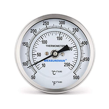Measureman Fully Stainless Steel Bimetal Dial Thermometer, 3" Dial, 4" Stem, 50-500 deg F/10-260 deg C, -1% Accuracy, Adjustable, 1/2" NPT Back Mount - size: 50-500 deg F/10-260 deg C, style: 4" Stem