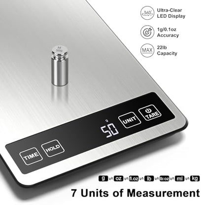 Fuzion Food Kitchen Scale 22lb/0.1oz - Food Scale 7 Units, Tare & Timer | Rechargeable, Tempered Glass+ Stainless Steel, Digital Kitchen Scale Grams and oz for Weight Loss, Cooking, Baking, Meal Prep - color: Silver Black