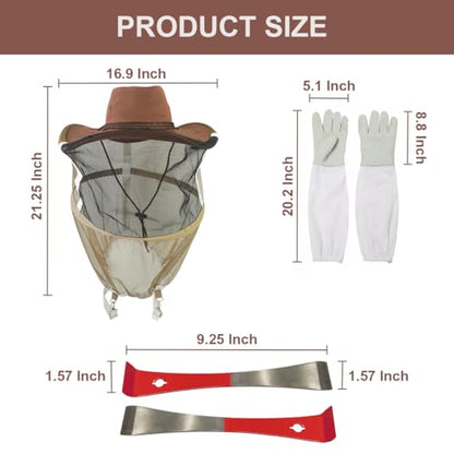 Beekeeping Cowboy Hat, Set of Beekeeping Hat with Goatskin Gloves and Stainless Steel Hive Scraper Tools, Professional Beekeeper Hat Beekeeping Equipment Beekeeper Hand Tool - style: Kit A
