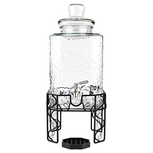 2.5 Gallon Glass Beverage Dispenser with Stainless Steel Spigot, Metal Stand, and Drip Tray – Mason Jar Style Drink Dispenser for Parties, Iced Tea, Water, Lemonade, and More