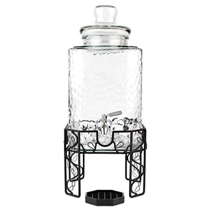 2.5 Gallon Glass Beverage Dispenser with Stainless Steel Spigot, Metal Stand, and Drip Tray – Mason Jar Style Drink Dispenser for Parties, Iced Tea, Water, Lemonade, and More