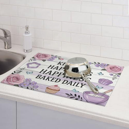 Kitchen Drying Mat for Countertop Kitchen Happiness Baking Quote Design Non-Slip Kitchen Counter Mat for Dishes Glassware - color: White Purple