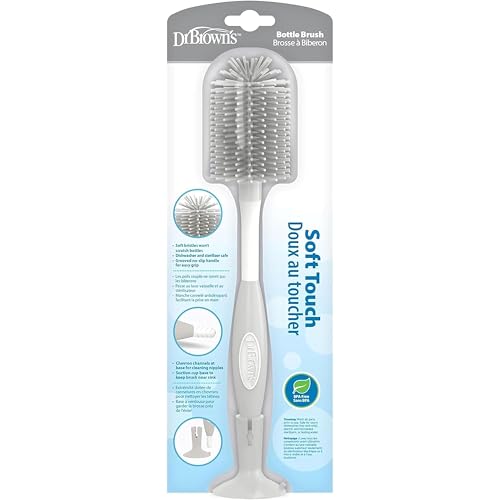 Dr. Brown's Soft Touch No Scratch Baby Bottle Cleaning Brush, Nipple Cleaner & Suction Cup Base for Easy Storage, BPA Free, Gray (Pack of 1) - style: Gray