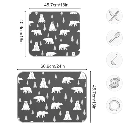 Polar Bears Trees Black Dish Drying Mat for Kitchen Counter Super Absorbent Draining Mat with Non-slip Backed Coffee Mat for Dish Bottles Cups Bowl Draining Racks Countertops Sinks