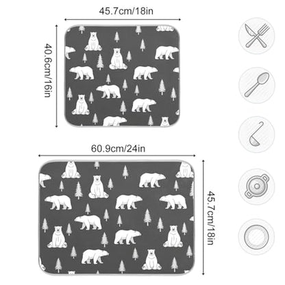 Polar Bears Trees Black Dish Drying Mat for Kitchen Counter Super Absorbent Draining Mat with Non-slip Backed Coffee Mat for Dish Bottles Cups Bowl Draining Racks Countertops Sinks