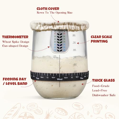 1 L (34 oz) Sourdough Starter Jar Kit, Wide Mouth Potbelly Crock - Glass Sour Dough Starter Bread Jar Set - Sourdough Baking Supplies - Sour Dough Bread Accessories Gifts for Sourdough Lovers