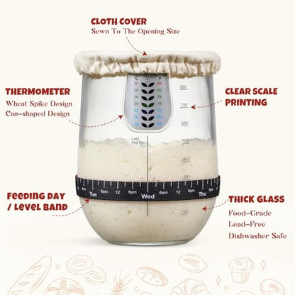 1 L (34 oz) Sourdough Starter Jar Kit, Wide Mouth Potbelly Crock - Glass Sour Dough Starter Bread Jar Set - Sourdough Baking Supplies - Sour Dough Bread Accessories Gifts for Sourdough Lovers